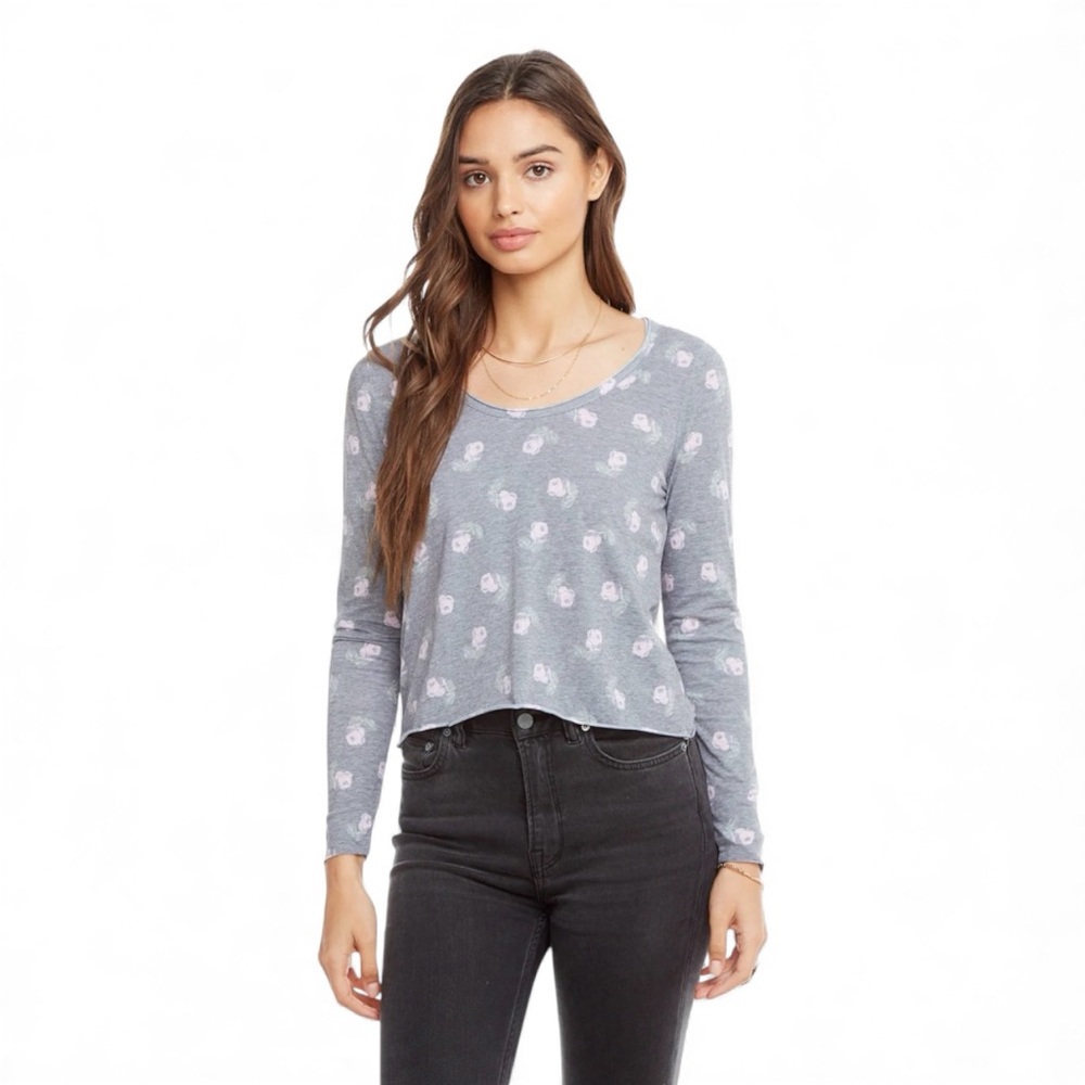 Chaser Vintage Jersey Scoop Neck Crop Tee Long Sleeve Gray Floral Small NWT